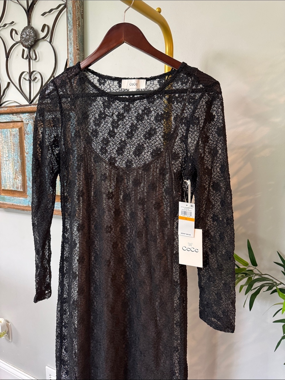 CeCe Black Sheer Lace Long Sleeve metallic gold 2 piece Maxi Dress NEW S - Picture 6 of 14